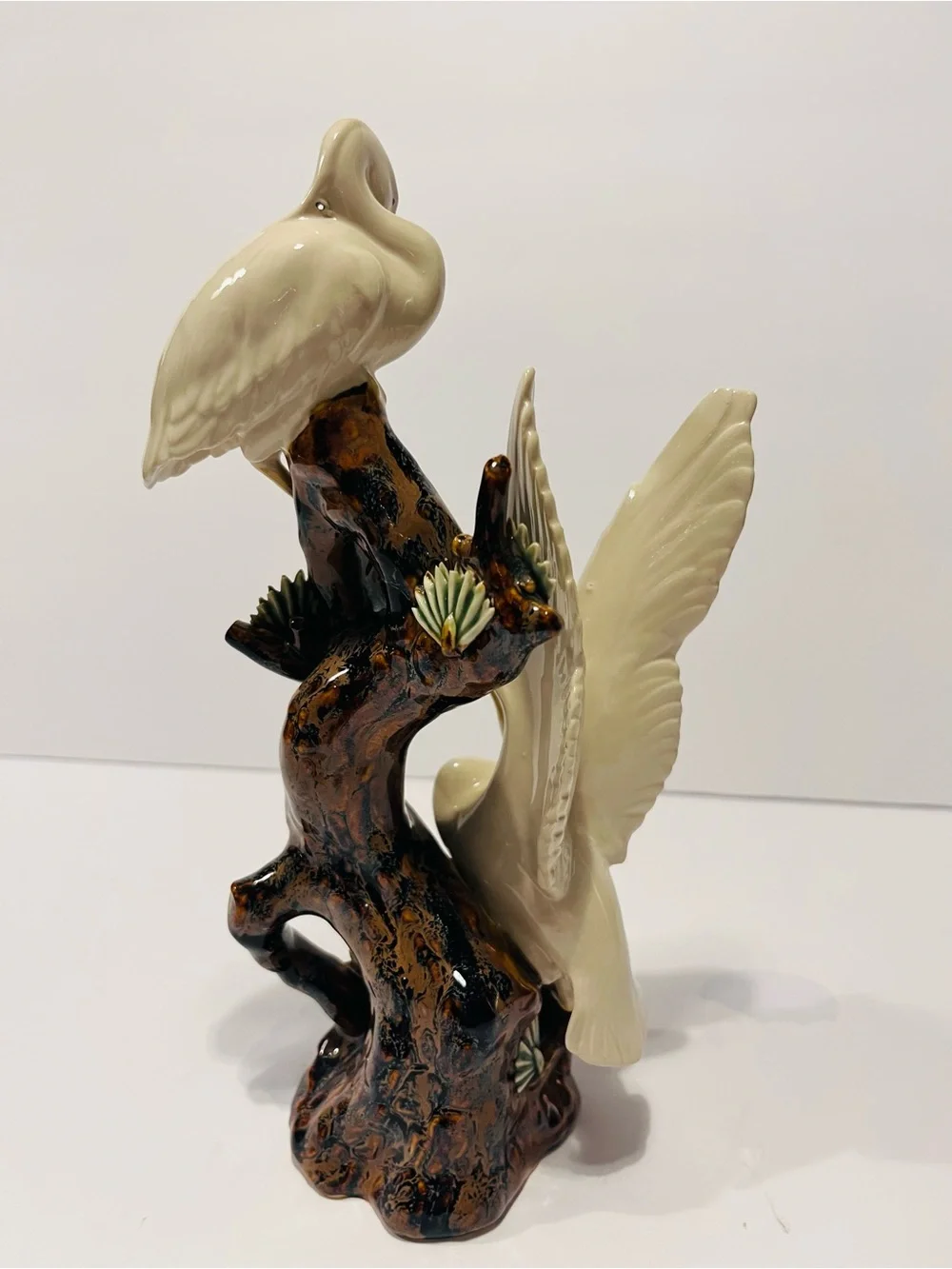Antique Chinese Glazed Porcelain Figurine With 2 Cranes on Tree 9.25”